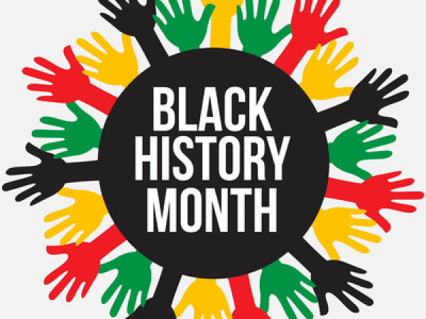 Black Circle with text "Black History Month" surrounded by hands