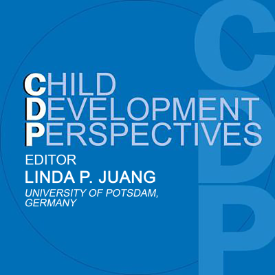 Square image with the Child Development Perspectives Journal cover on a blue background. Editor is Linda P. Juang, from the University of Potsdam, Germany