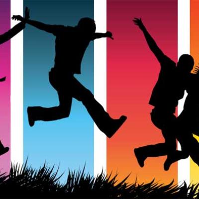 Designed graphic of adolescents running and jumping